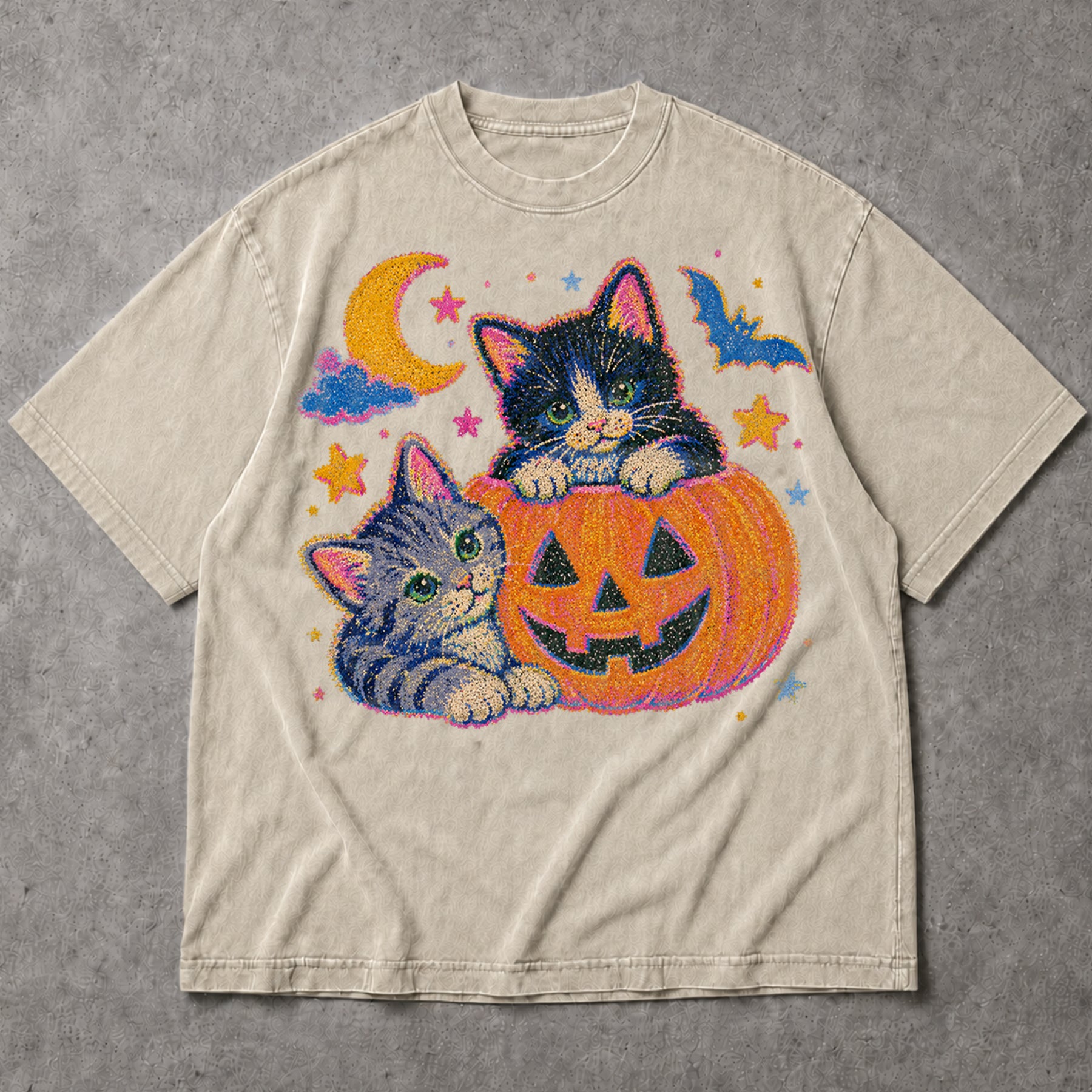 SF_COLOR=sand; SF_ITEM=adult-t-shirt; SF_ROLE=main; Cute Spooky Halloween Kittens T-Shirt Carved Jack O Lantern Pumpkins Tee - Sand Adult T-Shirt product image