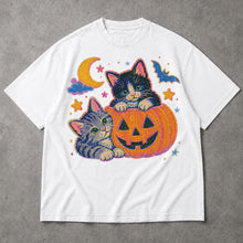 SF_COLOR=white; SF_ITEM=adult-t-shirt; SF_ROLE=main; Cute Spooky Halloween Kittens T-Shirt Carved Jack O Lantern Pumpkins Tee - White Adult T-Shirt product image