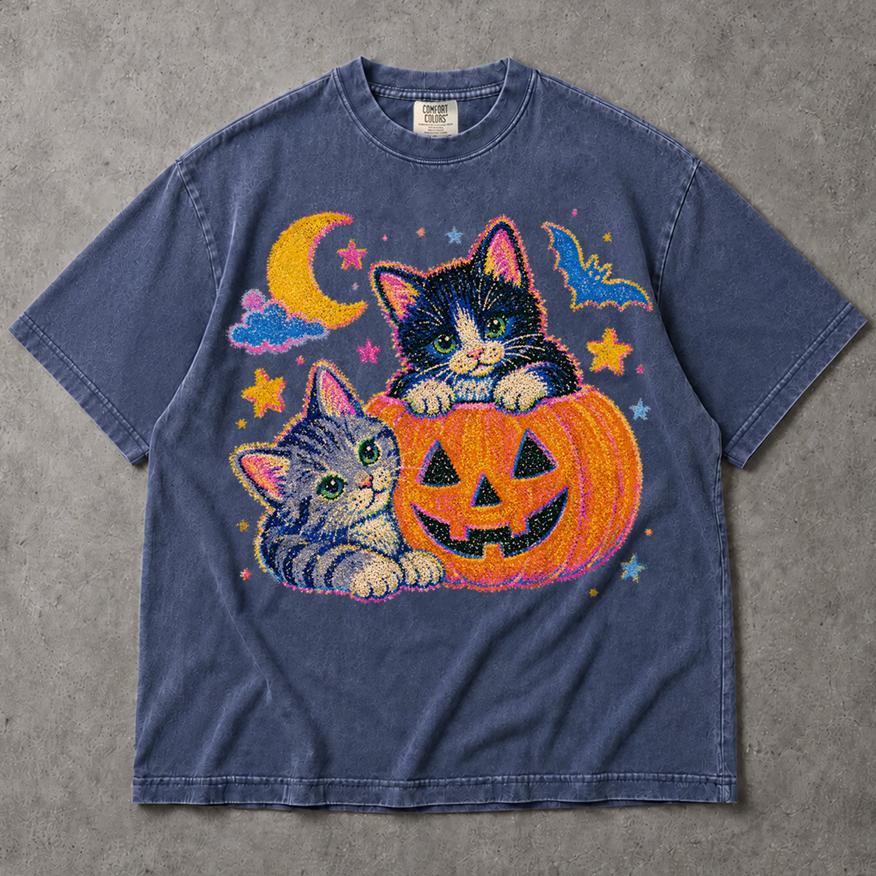 SF_COLOR=sport-grey|denim; SF_ITEM=adult-t-shirt; SF_ROLE=main; Cute Spooky Halloween Kittens T-Shirt Carved Jack O Lantern Pumpkins Tee - Sport Grey, Denim Adult T-Shirt product image