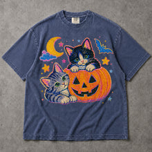 SF_COLOR=sport-grey|denim; SF_ITEM=adult-t-shirt; SF_ROLE=main; Cute Spooky Halloween Kittens T-Shirt Carved Jack O Lantern Pumpkins Tee - Sport Grey, Denim Adult T-Shirt product image