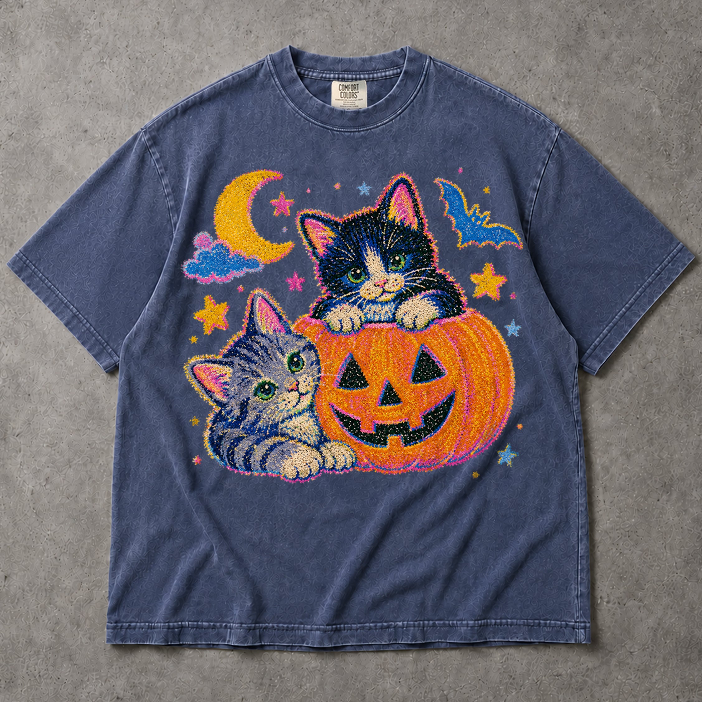 SF_COLOR=sport-grey|denim; SF_ITEM=adult-t-shirt; SF_ROLE=main; Cute Spooky Halloween Kittens T-Shirt Carved Jack O Lantern Pumpkins Tee - Sport Grey, Denim Adult T-Shirt product image