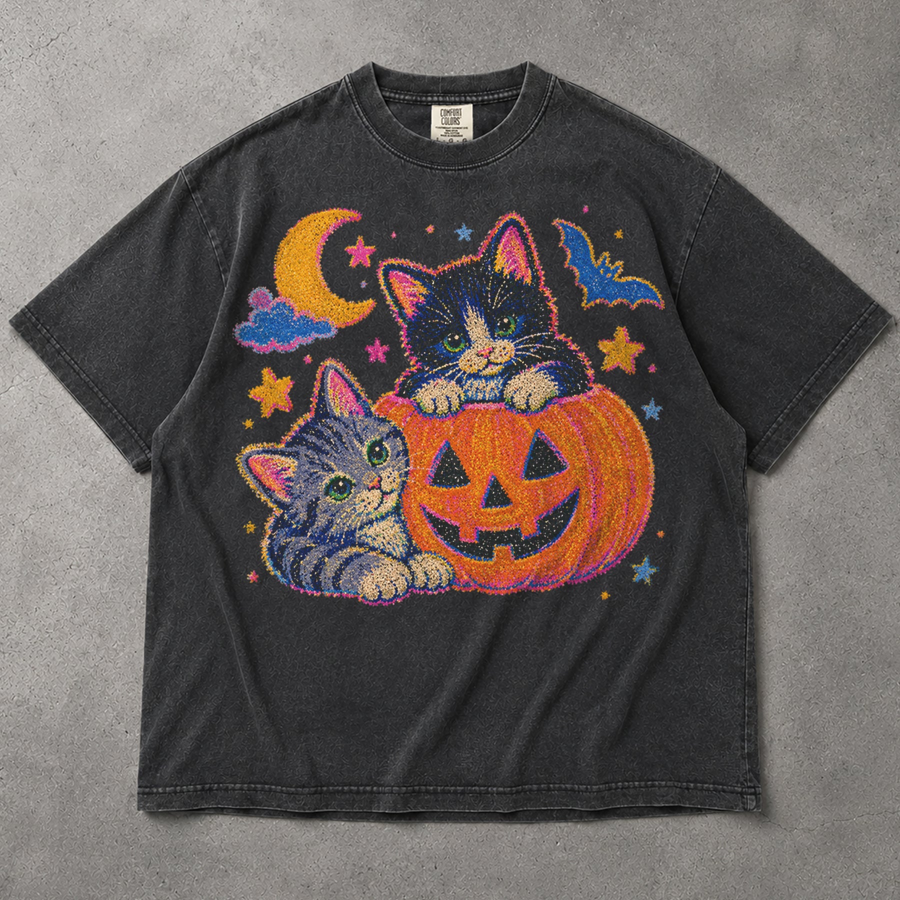 SF_COLOR=graphite; SF_ITEM=adult-t-shirt; SF_ROLE=main; Cute Spooky Halloween Kittens T-Shirt Carved Jack O Lantern Pumpkins Tee - Graphite Adult T-Shirt product image