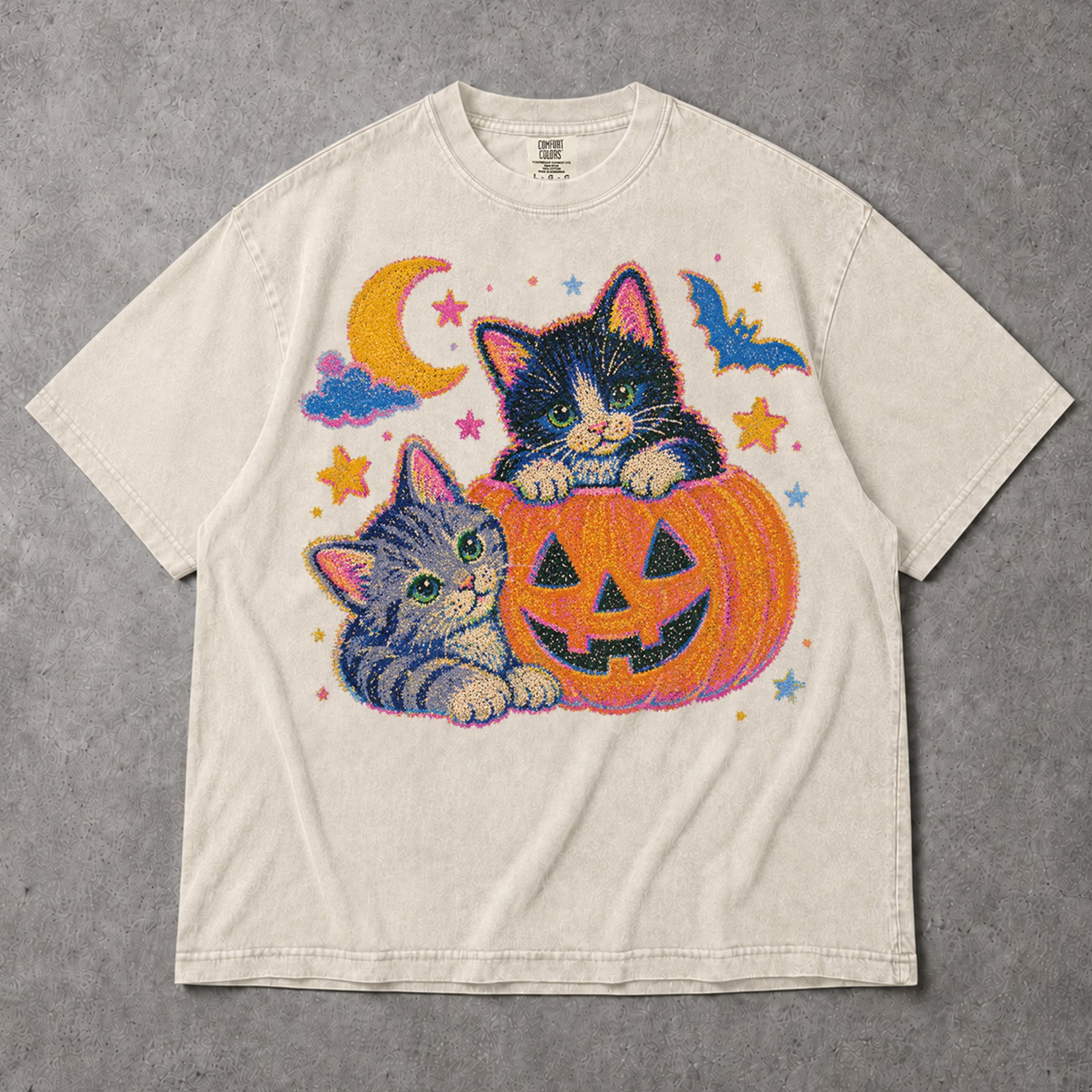SF_COLOR=ivory; SF_ITEM=adult-t-shirt; SF_ROLE=gallery; Cute Spooky Halloween Kittens T-Shirt Carved Jack O Lantern Pumpkins Tee - Ivory Adult T-Shirt product image
