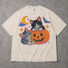 SF_COLOR=ivory; SF_ITEM=adult-t-shirt; SF_ROLE=gallery; Cute Spooky Halloween Kittens T-Shirt Carved Jack O Lantern Pumpkins Tee - Ivory Adult T-Shirt product image