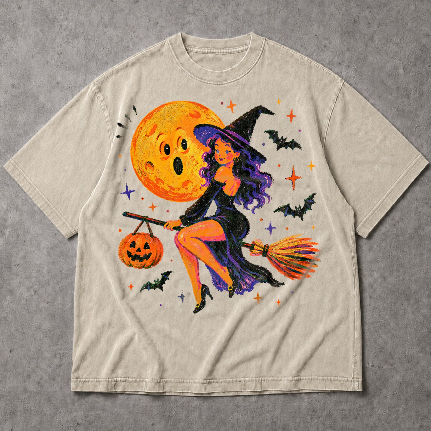SF_COLOR=sand; SF_ITEM=adult-t-shirt; SF_ROLE=main; Cute Witch Riding Broom T-Shirt Retro Funny Moon Face Bats Halloween Tee - Sand Adult T-Shirt product image