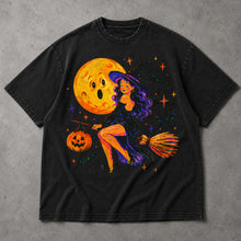 SF_COLOR=black; SF_ITEM=adult-t-shirt; SF_ROLE=main; Cute Witch Riding Broom T-Shirt Retro Funny Moon Face Bats Halloween Tee - Black Adult T-Shirt product image