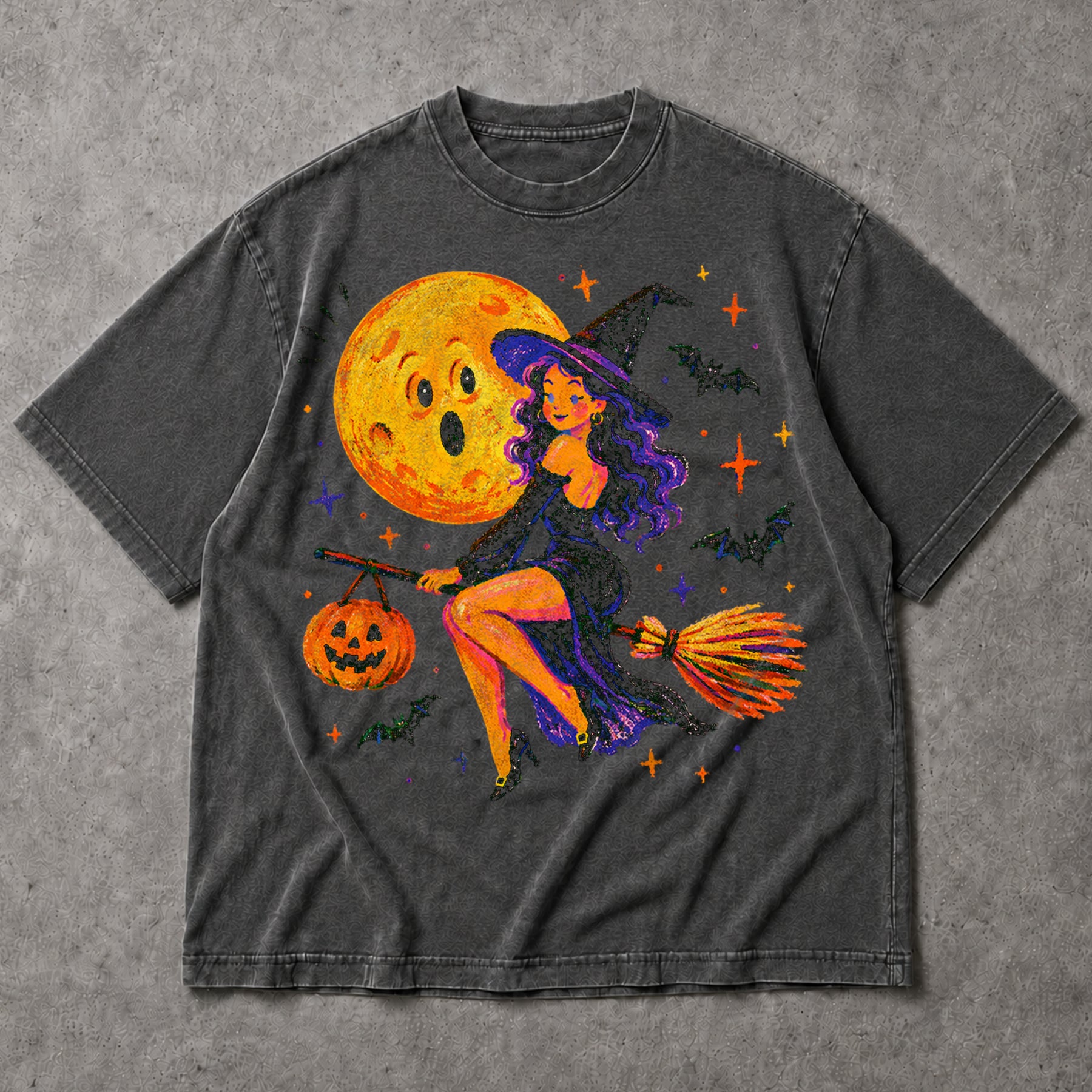SF_COLOR=dark-heather; SF_ITEM=adult-t-shirt; SF_ROLE=main; Cute Witch Riding Broom T-Shirt Retro Funny Moon Face Bats Halloween Tee - Dark Heather Adult T-Shirt product image