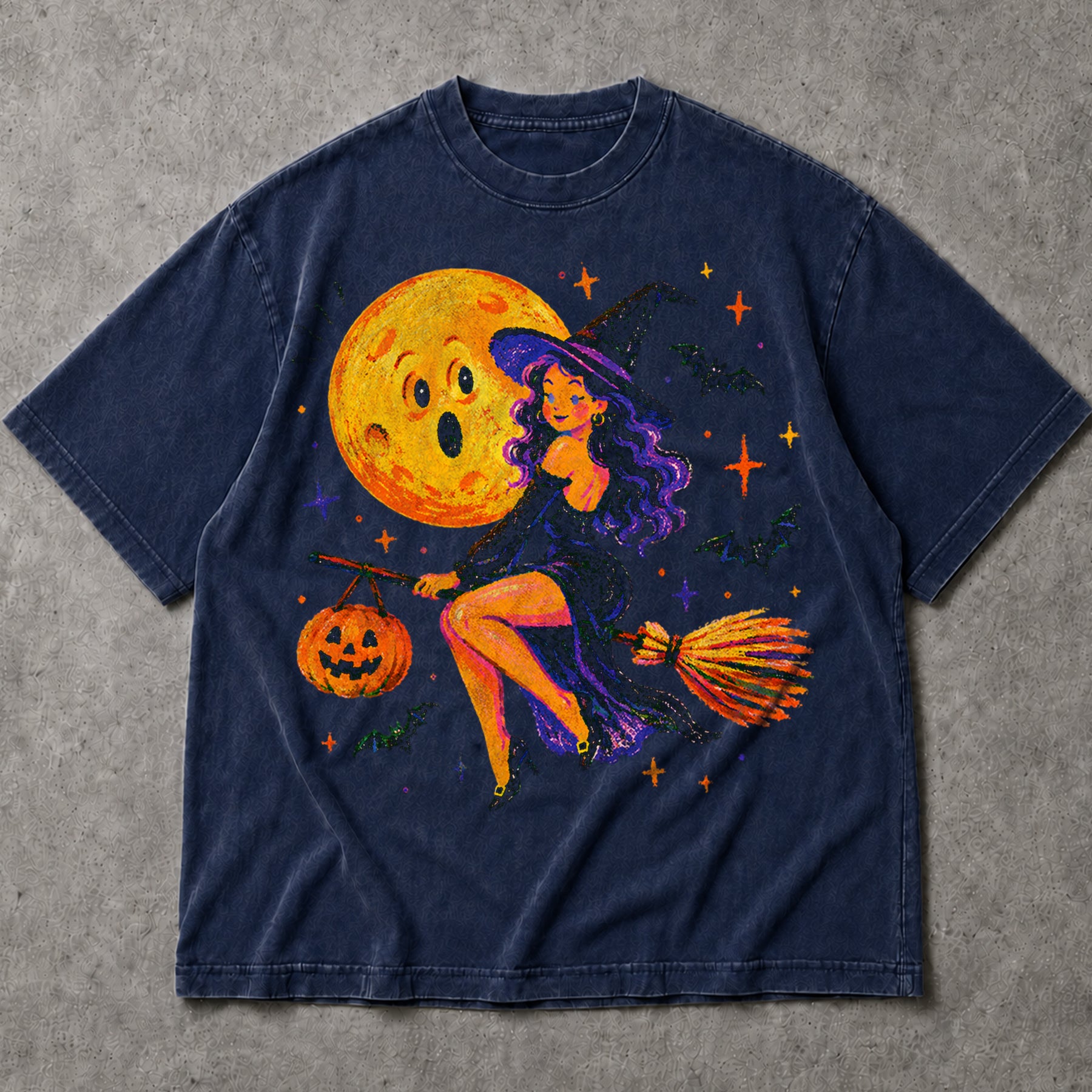 SF_COLOR=navy; SF_ITEM=adult-t-shirt; SF_ROLE=main; Cute Witch Riding Broom T-Shirt Retro Funny Moon Face Bats Halloween Tee - Navy Adult T-Shirt product image
