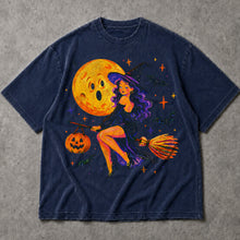 SF_COLOR=navy; SF_ITEM=adult-t-shirt; SF_ROLE=main; Cute Witch Riding Broom T-Shirt Retro Funny Moon Face Bats Halloween Tee - Navy Adult T-Shirt product image