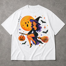 SF_COLOR=white; SF_ITEM=adult-t-shirt; SF_ROLE=main; Cute Witch Riding Broom T-Shirt Retro Funny Moon Face Bats Halloween Tee - White Adult T-Shirt product image