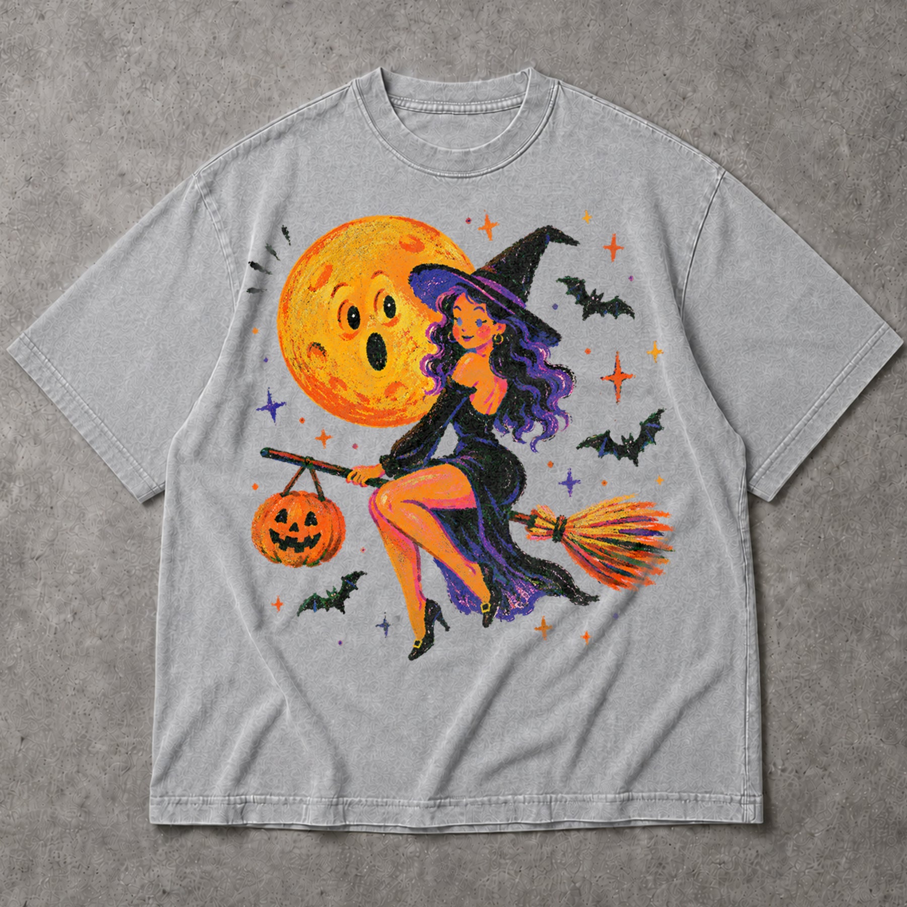 SF_COLOR=sport-grey; SF_ITEM=adult-t-shirt; SF_ROLE=main; Cute Witch Riding Broom T-Shirt Retro Funny Moon Face Bats Halloween Tee - Sport Grey Adult T-Shirt product image
