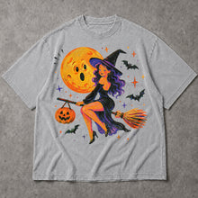 SF_COLOR=sport-grey; SF_ITEM=adult-t-shirt; SF_ROLE=main; Cute Witch Riding Broom T-Shirt Retro Funny Moon Face Bats Halloween Tee - Sport Grey Adult T-Shirt product image