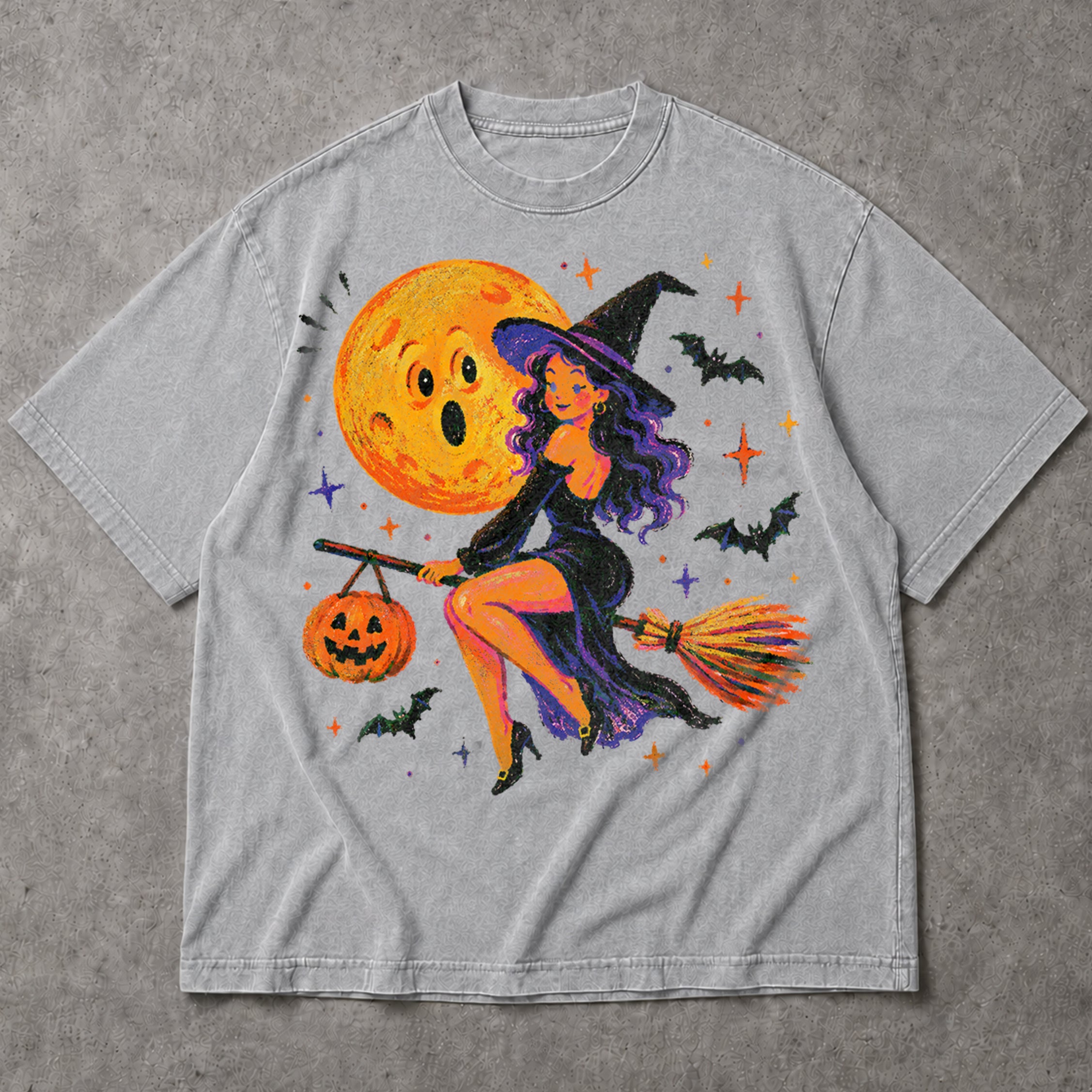 SF_COLOR=sport-grey; SF_ITEM=adult-t-shirt; SF_ROLE=main; Cute Witch Riding Broom T-Shirt Retro Funny Moon Face Bats Halloween Tee - Sport Grey Adult T-Shirt product image