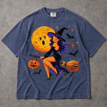 SF_COLOR=sport-grey|denim; SF_ITEM=adult-t-shirt; SF_ROLE=main; Cute Witch Riding Broom T-Shirt Retro Funny Moon Face Bats Halloween Tee - Sport Grey, Denim Adult T-Shirt product image