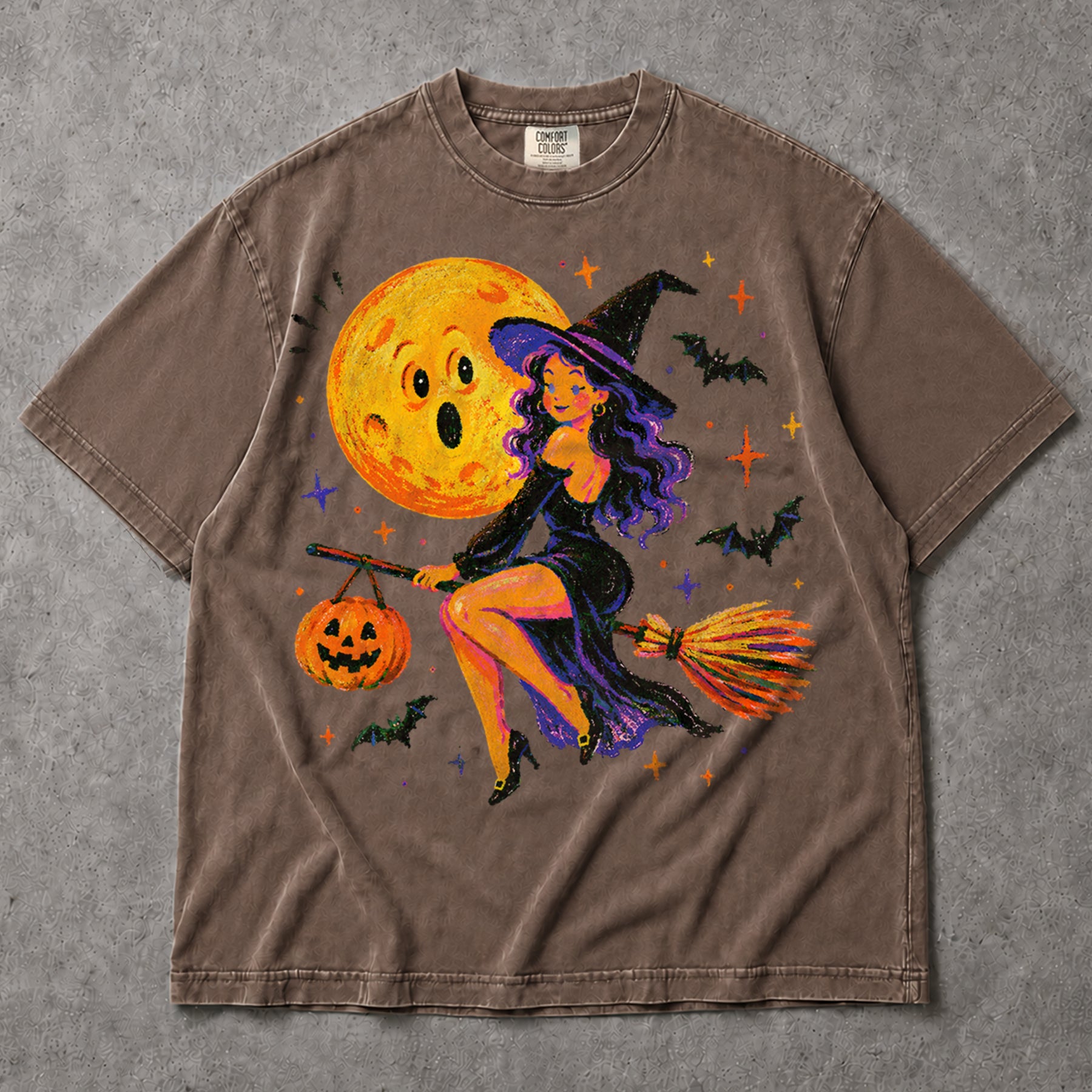 SF_COLOR=sport-grey|espresso; SF_ITEM=adult-t-shirt; SF_ROLE=main; Cute Witch Riding Broom T-Shirt Retro Funny Moon Face Bats Halloween Tee - Sport Grey, Espresso Adult T-Shirt product image
