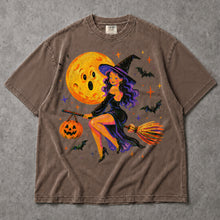 SF_COLOR=sport-grey|espresso; SF_ITEM=adult-t-shirt; SF_ROLE=main; Cute Witch Riding Broom T-Shirt Retro Funny Moon Face Bats Halloween Tee - Sport Grey, Espresso Adult T-Shirt product image