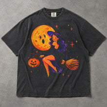 SF_COLOR=graphite; SF_ITEM=adult-t-shirt; SF_ROLE=main; Cute Witch Riding Broom T-Shirt Retro Funny Moon Face Bats Halloween Tee - Graphite Adult T-Shirt product image