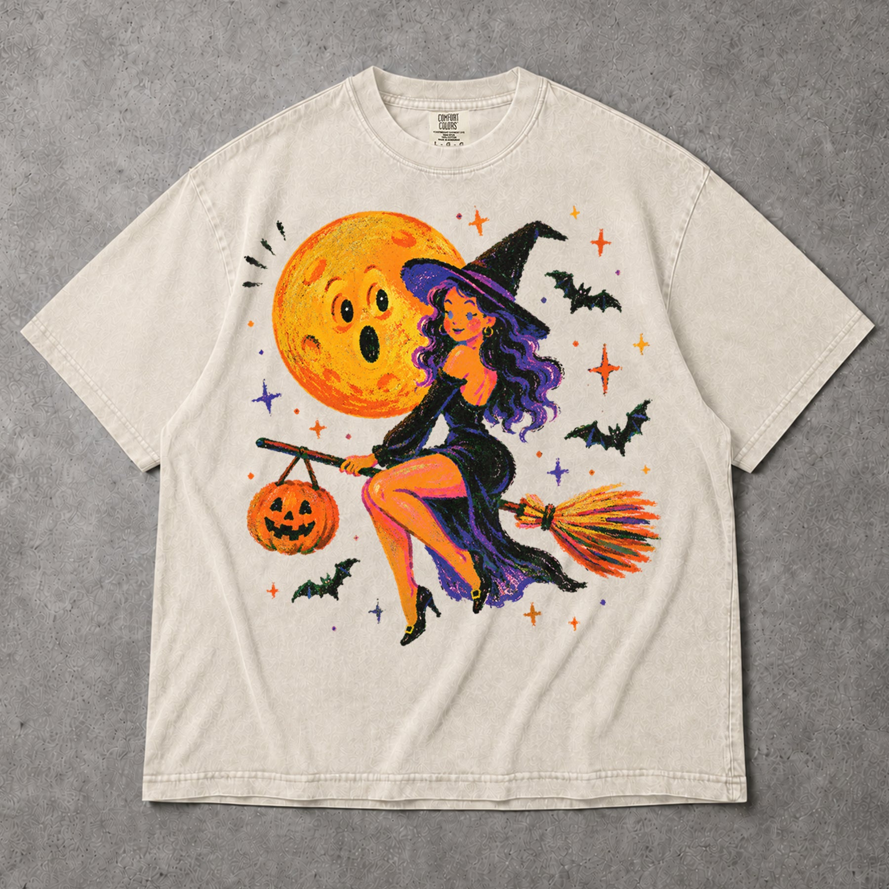 SF_COLOR=ivory; SF_ITEM=adult-t-shirt; SF_ROLE=gallery; Cute Witch Riding Broom T-Shirt Retro Funny Moon Face Bats Halloween Tee - Ivory Adult T-Shirt product image