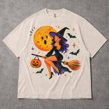SF_COLOR=ivory; SF_ITEM=adult-t-shirt; SF_ROLE=gallery; Cute Witch Riding Broom T-Shirt Retro Funny Moon Face Bats Halloween Tee - Ivory Adult T-Shirt product image