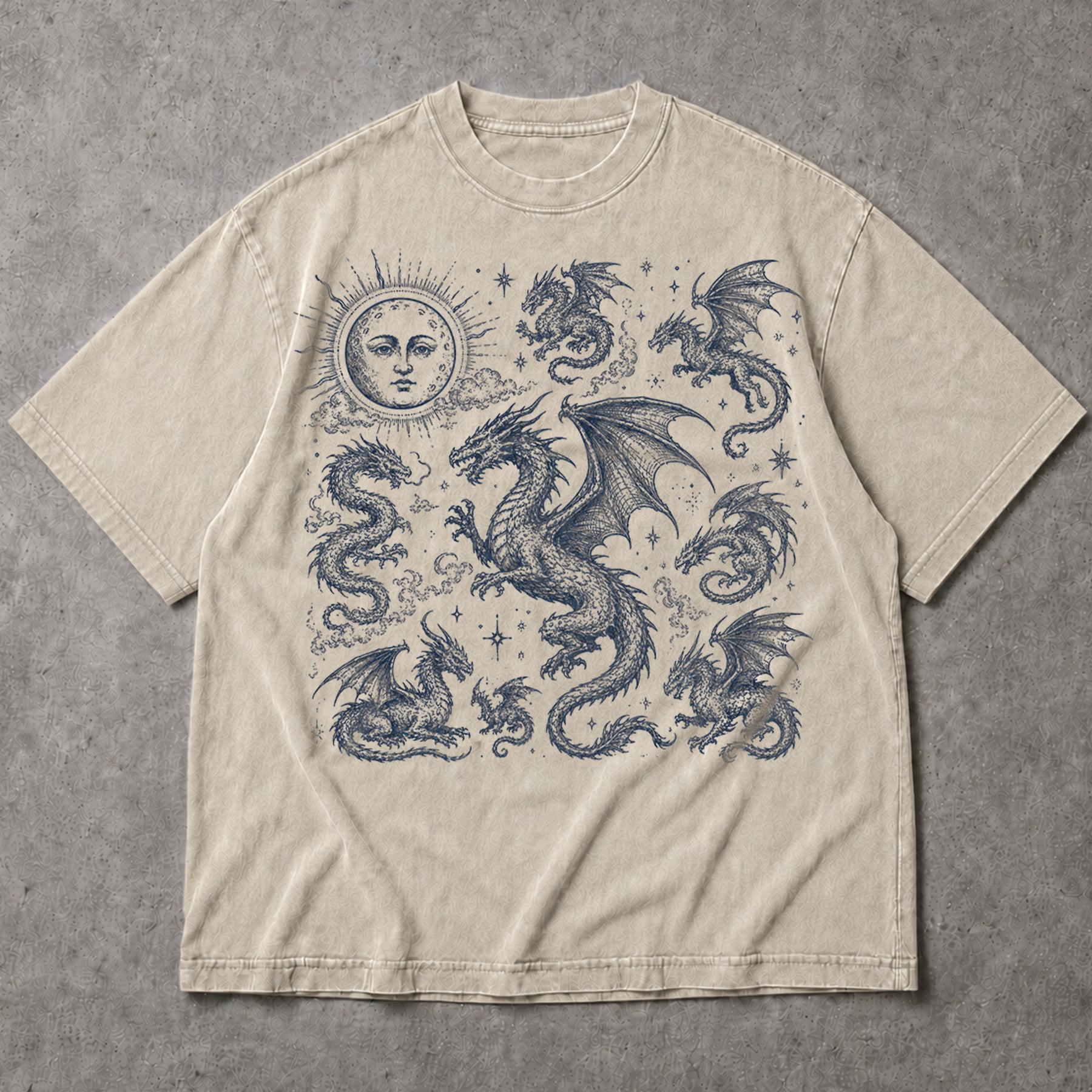 SF_COLOR=sand; SF_ITEM=adult-t-shirt; SF_ROLE=main; Dark Fantasy Dragons Sun Moon T-Shirt Gothic Medieval Creature Illustration Tee - Sand Adult T-Shirt product image