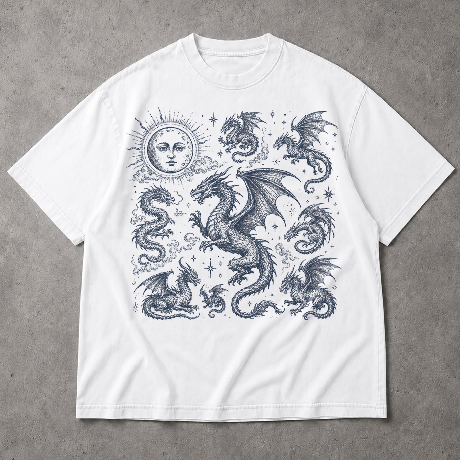 SF_COLOR=white; SF_ITEM=adult-t-shirt; SF_ROLE=main; Dark Fantasy Dragons Sun Moon T-Shirt Gothic Medieval Creature Illustration Tee - White Adult T-Shirt product image