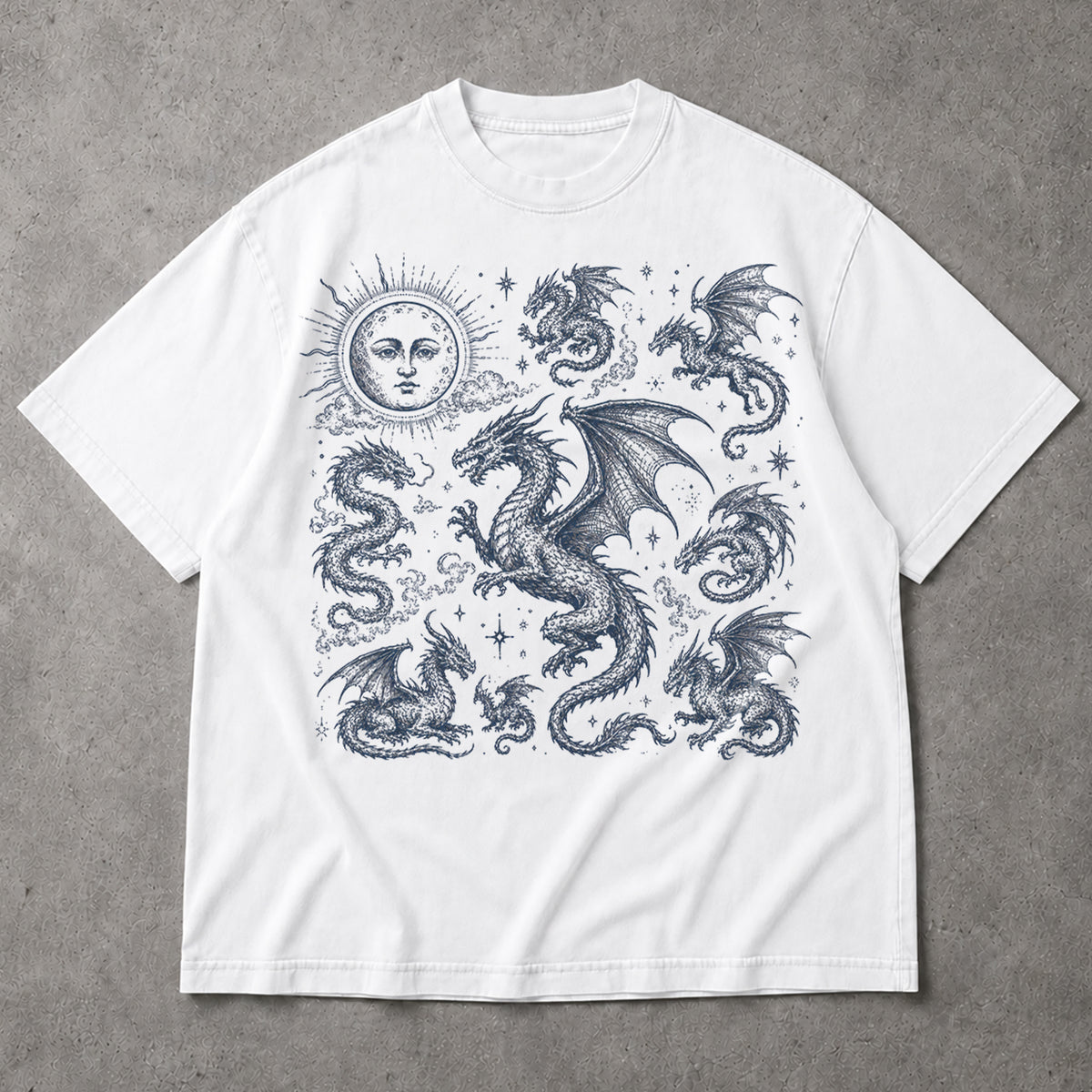 SF_COLOR=white; SF_ITEM=adult-t-shirt; SF_ROLE=main; Dark Fantasy Dragons Sun Moon T-Shirt Gothic Medieval Creature Illustration Tee - White Adult T-Shirt product image