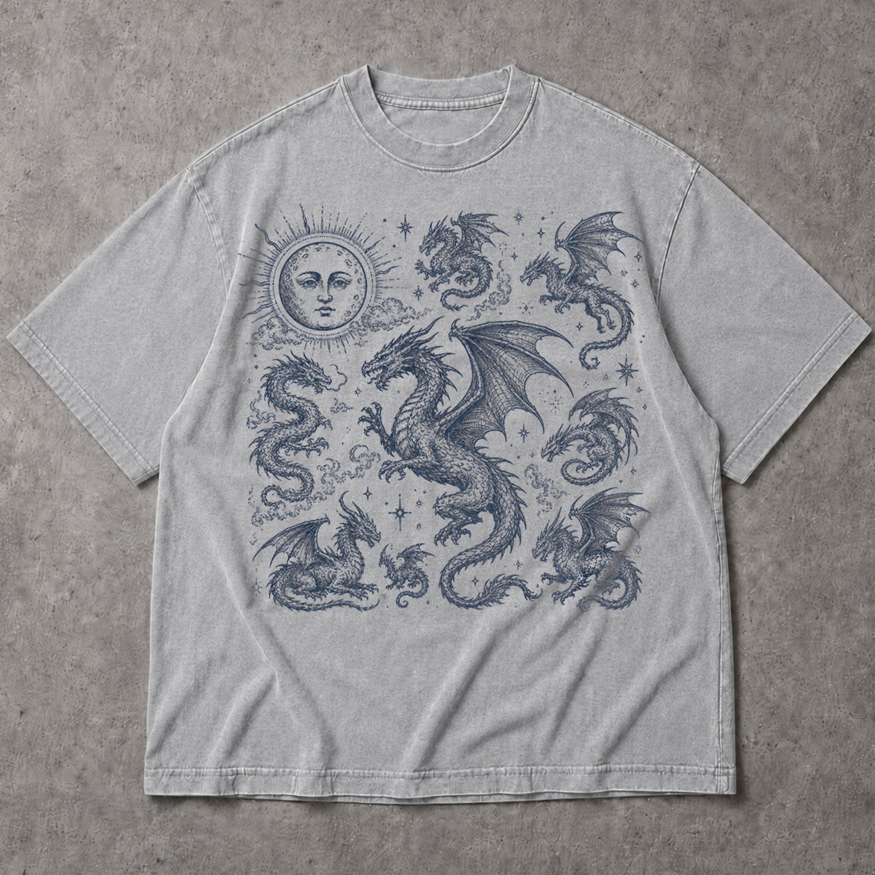 SF_COLOR=sport-grey; SF_ITEM=adult-t-shirt; SF_ROLE=main; Dark Fantasy Dragons Sun Moon T-Shirt Gothic Medieval Creature Illustration Tee - Sport Grey Adult T-Shirt product image