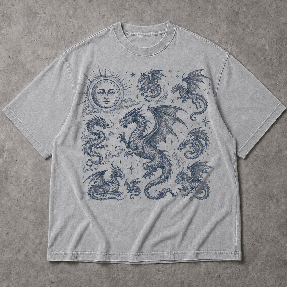 SF_COLOR=sport-grey; SF_ITEM=adult-t-shirt; SF_ROLE=main; Dark Fantasy Dragons Sun Moon T-Shirt Gothic Medieval Creature Illustration Tee - Sport Grey Adult T-Shirt product image
