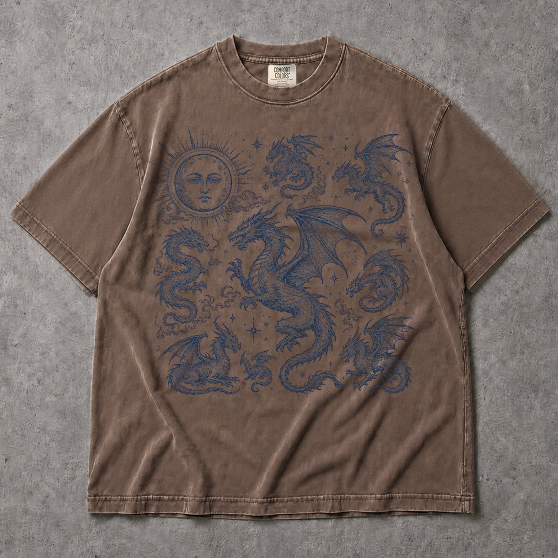 SF_COLOR=sport-grey|espresso; SF_ITEM=adult-t-shirt; SF_ROLE=main; Dark Fantasy Dragons Sun Moon T-Shirt Gothic Medieval Creature Illustration Tee - Sport Grey, Espresso Adult T-Shirt product image