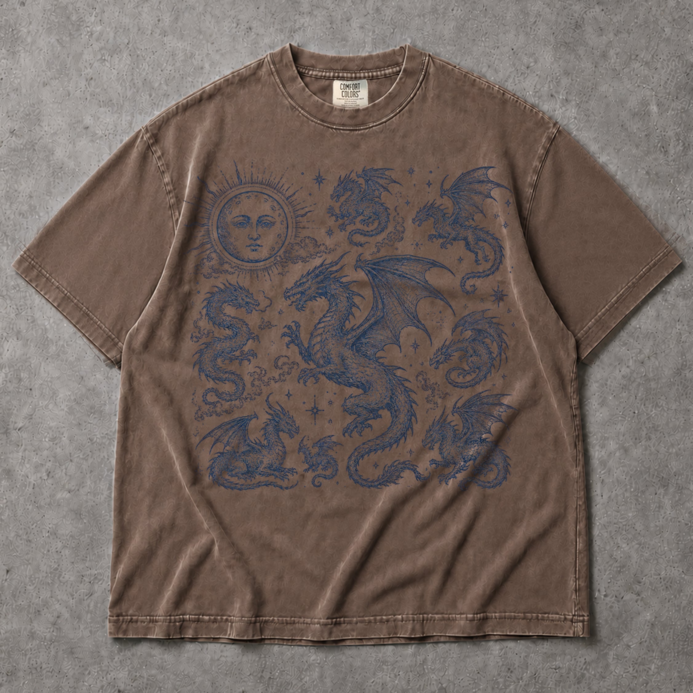 SF_COLOR=sport-grey|espresso; SF_ITEM=adult-t-shirt; SF_ROLE=main; Dark Fantasy Dragons Sun Moon T-Shirt Gothic Medieval Creature Illustration Tee - Sport Grey, Espresso Adult T-Shirt product image