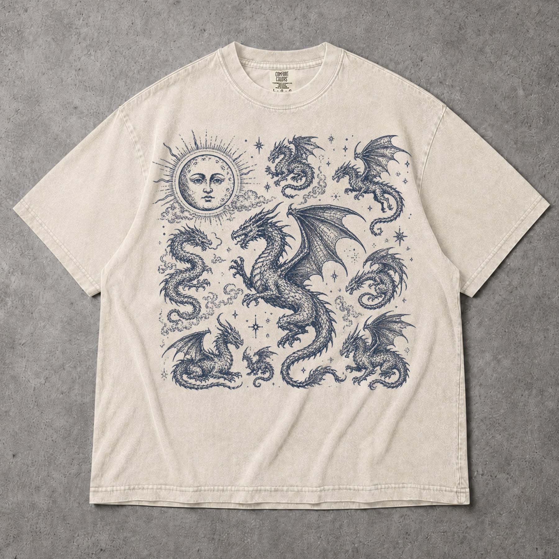 SF_COLOR=ivory; SF_ITEM=adult-t-shirt; SF_ROLE=gallery; Dark Fantasy Dragons Sun Moon T-Shirt Gothic Medieval Creature Illustration Tee - Ivory Adult T-Shirt product image