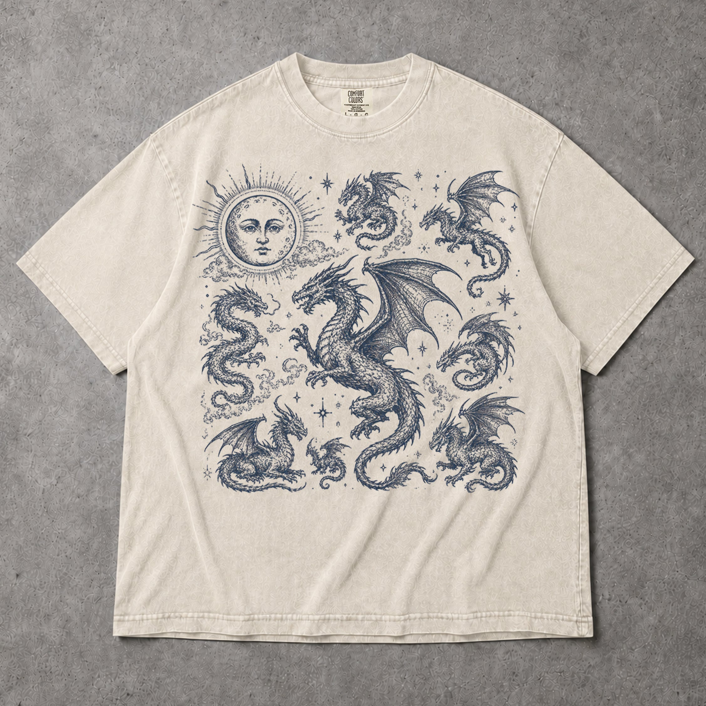 SF_COLOR=ivory; SF_ITEM=adult-t-shirt; SF_ROLE=gallery; Dark Fantasy Dragons Sun Moon T-Shirt Gothic Medieval Creature Illustration Tee - Ivory Adult T-Shirt product image