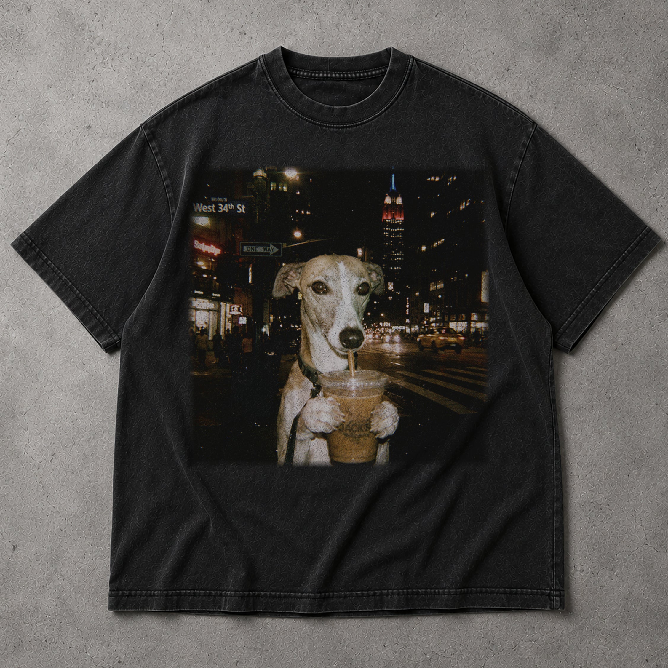 SF_COLOR=black; SF_ITEM=adult-t-shirt; SF_ROLE=main; Dog Drinking Iced Coffee Nyc T-Shirt Empire State Building New York City Apparel - Black Adult T-Shirt product image