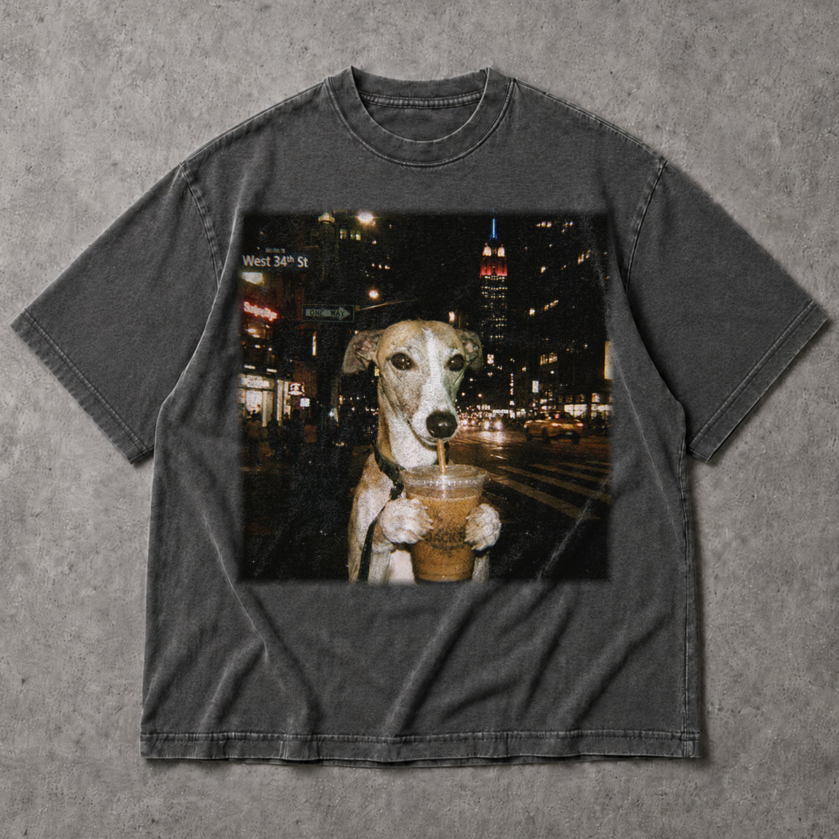 SF_COLOR=dark-heather; SF_ITEM=adult-t-shirt; SF_ROLE=main; Dog Drinking Iced Coffee Nyc T-Shirt Empire State Building New York City Apparel - Dark Heather Adult T-Shirt product image
