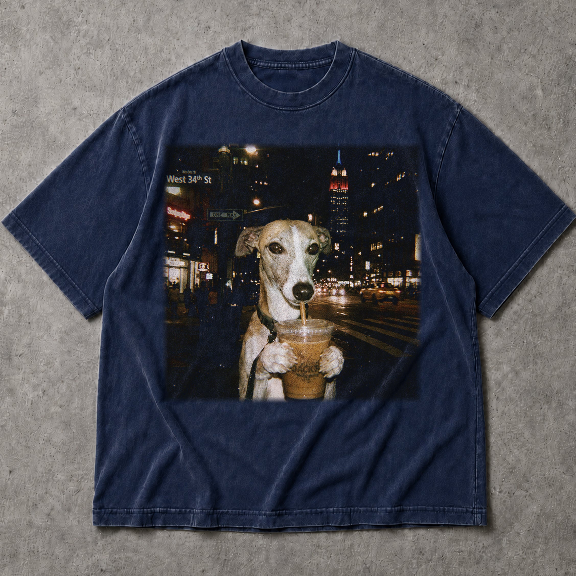 SF_COLOR=navy; SF_ITEM=adult-t-shirt; SF_ROLE=main; Dog Drinking Iced Coffee Nyc T-Shirt Empire State Building New York City Apparel - Navy Adult T-Shirt product image