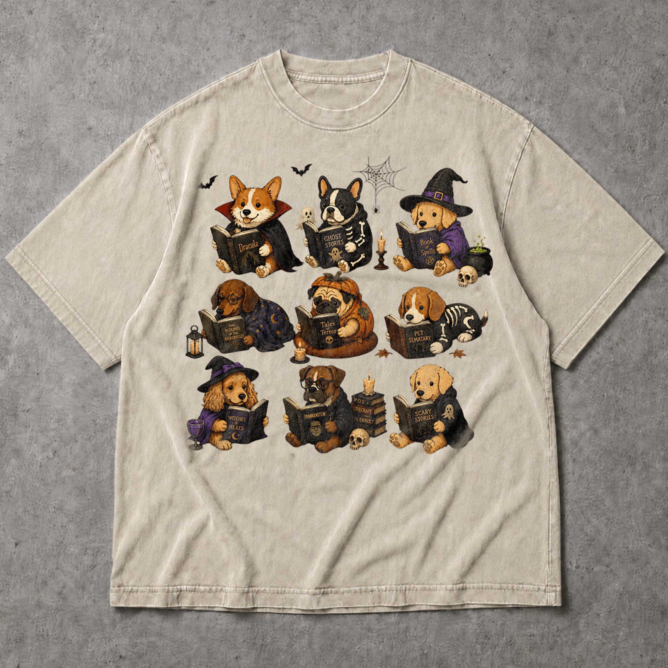 SF_COLOR=sand; SF_ITEM=adult-t-shirt; SF_ROLE=main; Dogs Reading Scary Books T-Shirt Spooky Puppies Costumes Fall Halloween Apparel - Sand Adult T-Shirt product image