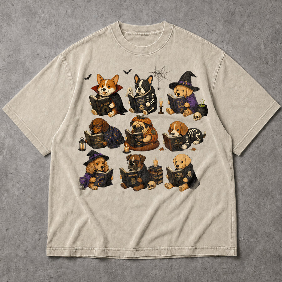 Dogs Reading Scary Books T-Shirt Spooky Puppies Costumes Fall Halloween Apparel