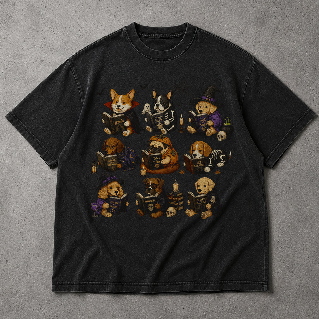 SF_COLOR=black; SF_ITEM=adult-t-shirt; SF_ROLE=main; Dogs Reading Scary Books T-Shirt Spooky Puppies Costumes Fall Halloween Apparel - Black Adult T-Shirt product image