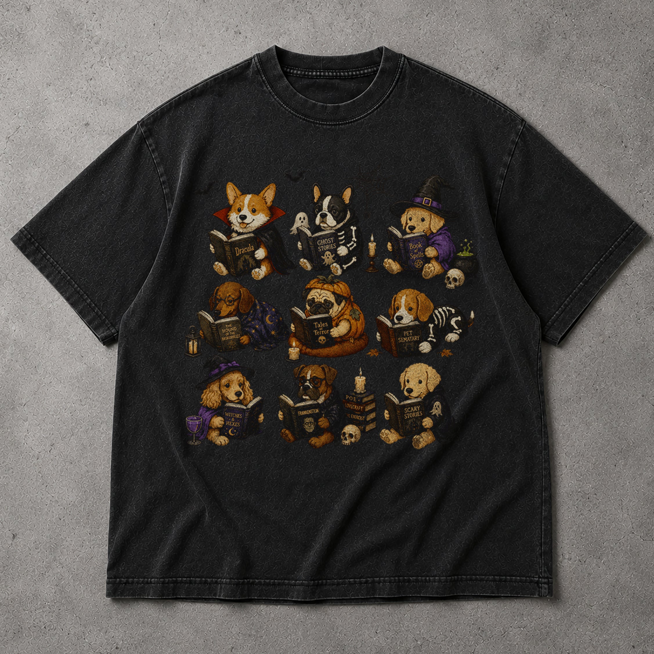 SF_COLOR=black; SF_ITEM=adult-t-shirt; SF_ROLE=main; Dogs Reading Scary Books T-Shirt Spooky Puppies Costumes Fall Halloween Apparel - Black Adult T-Shirt product image