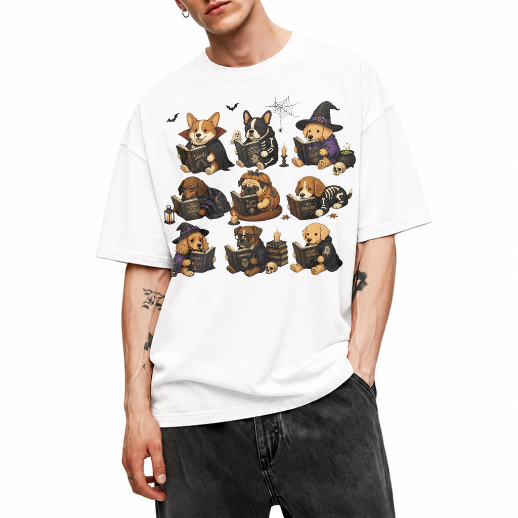 SF_COLOR=white; SF_ITEM=adult-t-shirt; SF_ROLE=gallery; Dogs Reading Scary Books T-Shirt Spooky Puppies Costumes Fall Halloween Apparel - White Adult T-Shirt product image