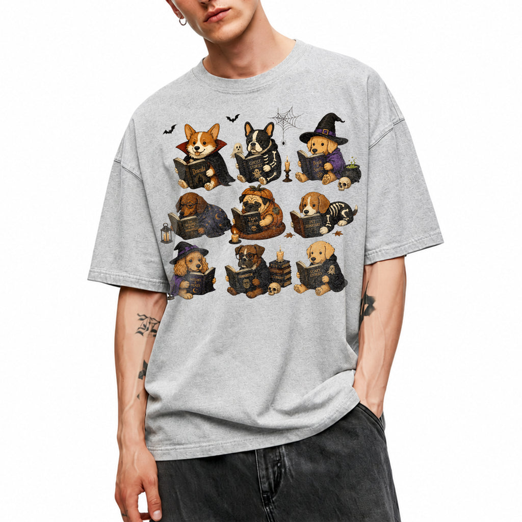 SF_COLOR=sport-grey; SF_ITEM=adult-t-shirt; SF_ROLE=gallery; Dogs Reading Scary Books T-Shirt Spooky Puppies Costumes Fall Halloween Apparel - Sport Grey Adult T-Shirt product image