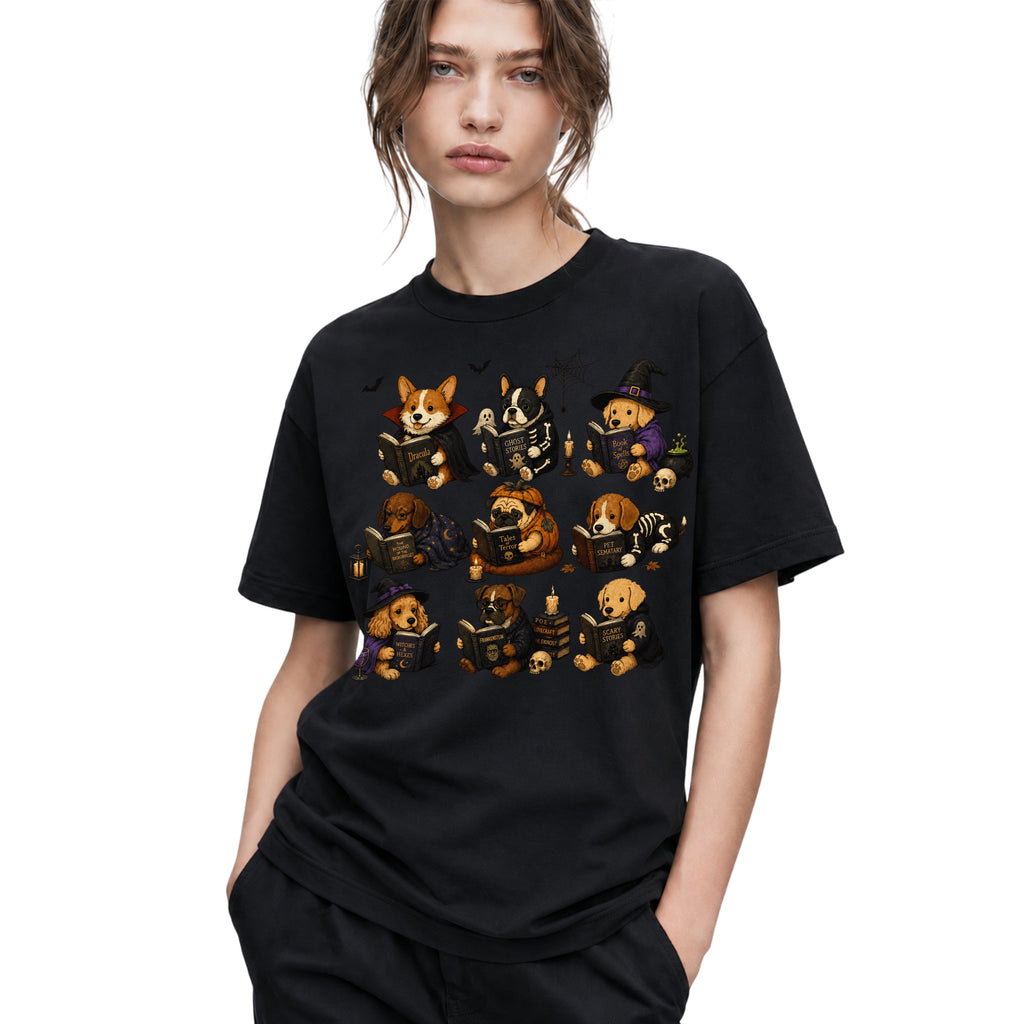 SF_COLOR=black; SF_ITEM=adult-t-shirt; SF_ROLE=gallery; Dogs Reading Scary Books T-Shirt Spooky Puppies Costumes Fall Halloween Apparel - Black Adult T-Shirt product image
