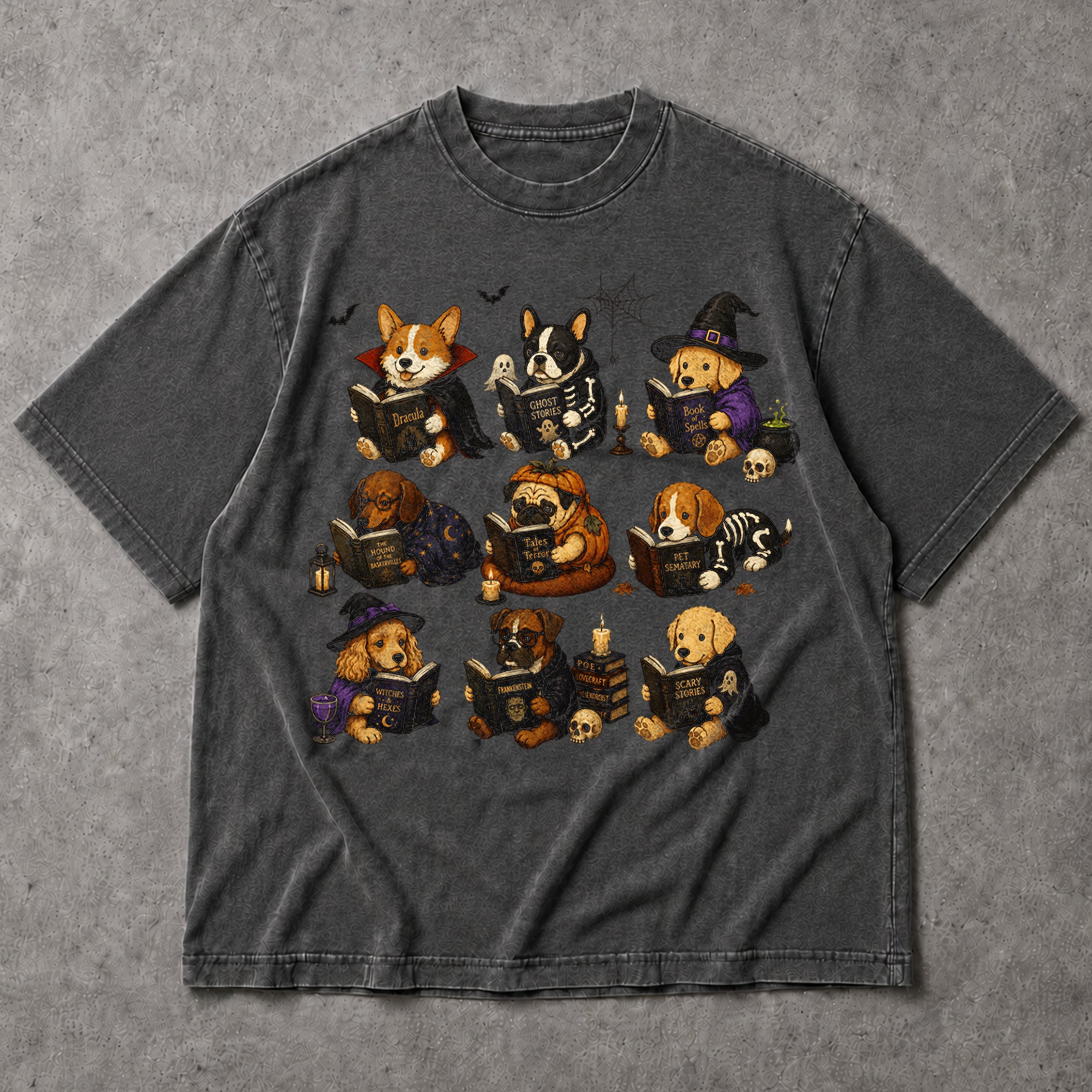 SF_COLOR=dark-heather; SF_ITEM=adult-t-shirt; SF_ROLE=main; Dogs Reading Scary Books T-Shirt Spooky Puppies Costumes Fall Halloween Apparel - Dark Heather Adult T-Shirt product image