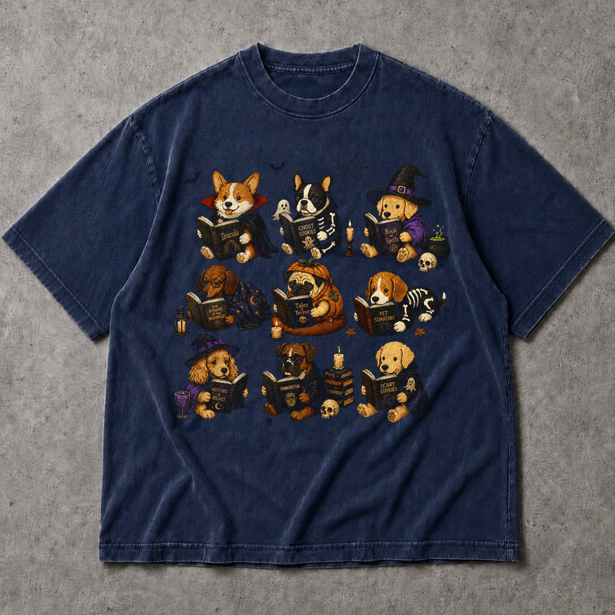 SF_COLOR=navy; SF_ITEM=adult-t-shirt; SF_ROLE=main; Dogs Reading Scary Books T-Shirt Spooky Puppies Costumes Fall Halloween Apparel - Navy Adult T-Shirt product image