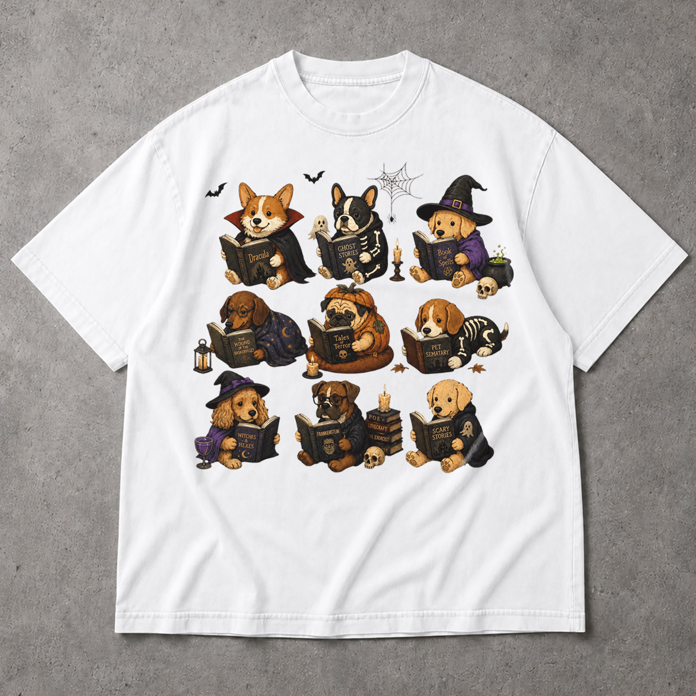 SF_COLOR=white; SF_ITEM=adult-t-shirt; SF_ROLE=main; Dogs Reading Scary Books T-Shirt Spooky Puppies Costumes Fall Halloween Apparel - White Adult T-Shirt product image