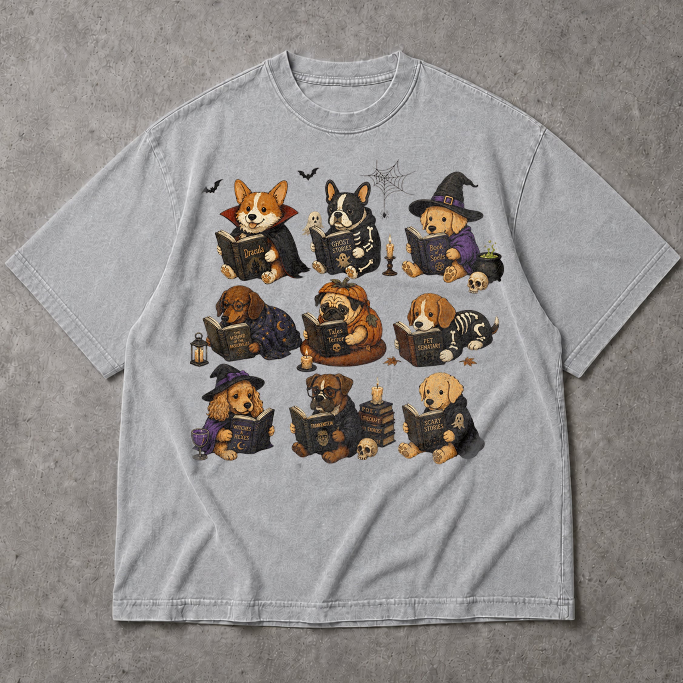 SF_COLOR=sport-grey; SF_ITEM=adult-t-shirt; SF_ROLE=main; Dogs Reading Scary Books T-Shirt Spooky Puppies Costumes Fall Halloween Apparel - Sport Grey Adult T-Shirt product image