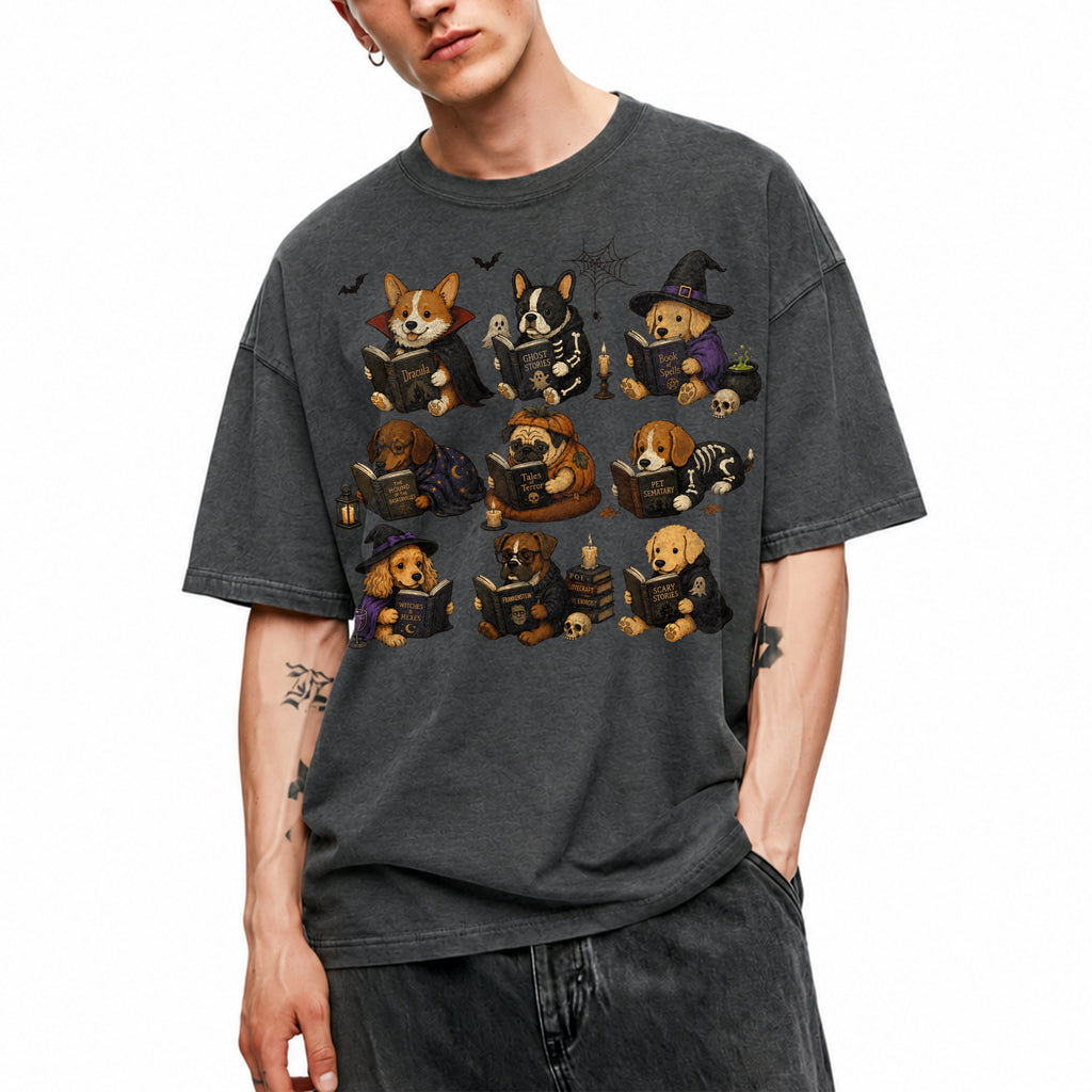 SF_COLOR=dark-heather; SF_ITEM=adult-t-shirt; SF_ROLE=gallery; Dogs Reading Scary Books T-Shirt Spooky Puppies Costumes Fall Halloween Apparel - Dark Heather Adult T-Shirt product image