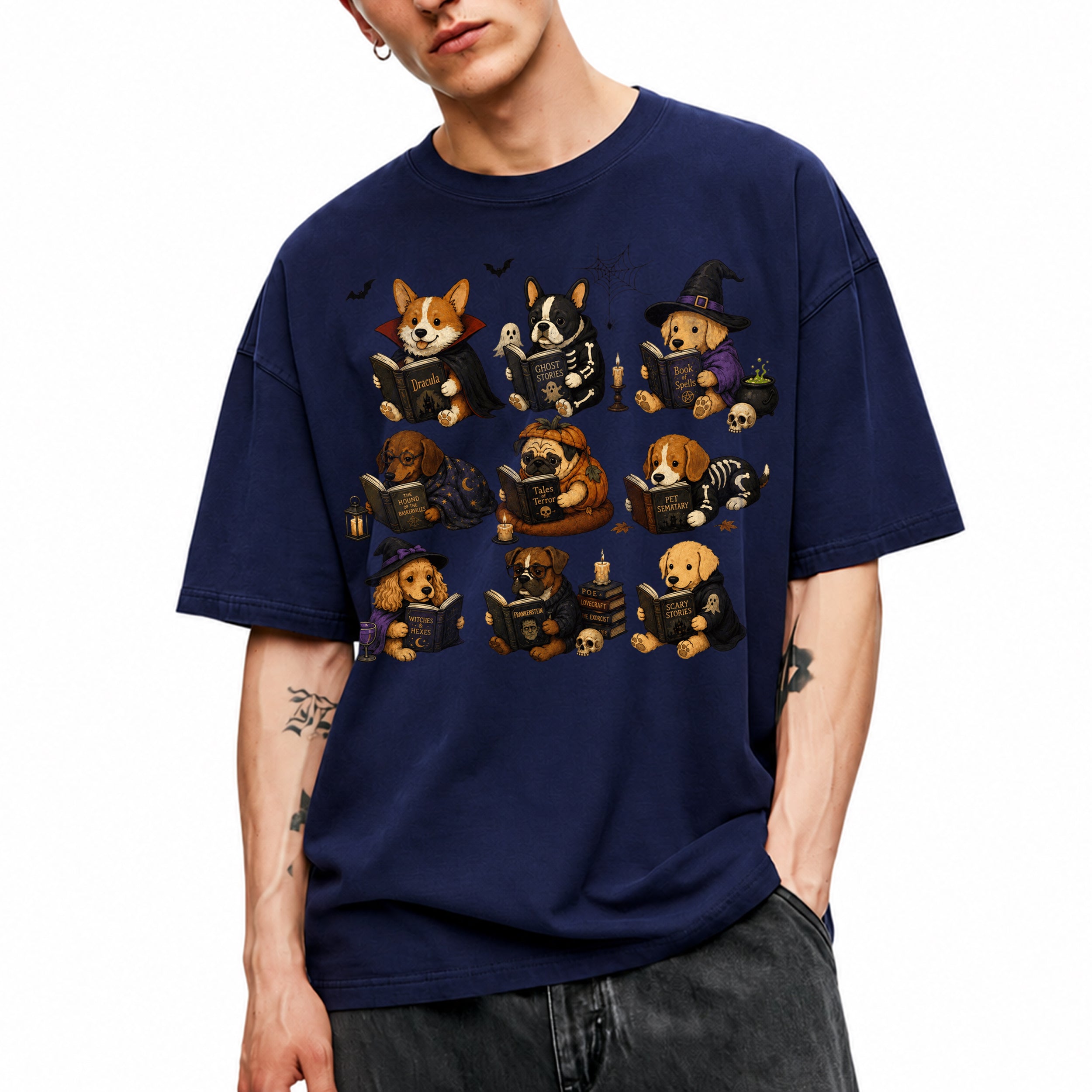 SF_COLOR=navy; SF_ITEM=adult-t-shirt; SF_ROLE=gallery; Dogs Reading Scary Books T-Shirt Spooky Puppies Costumes Fall Halloween Apparel - Navy Adult T-Shirt product image