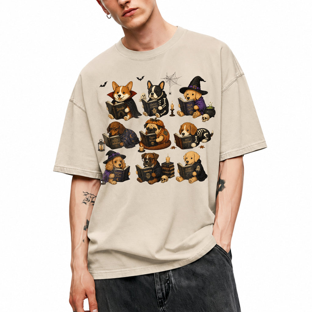 SF_COLOR=sand; SF_ITEM=adult-t-shirt; SF_ROLE=gallery; Dogs Reading Scary Books T-Shirt Spooky Puppies Costumes Fall Halloween Apparel - Sand Adult T-Shirt product image
