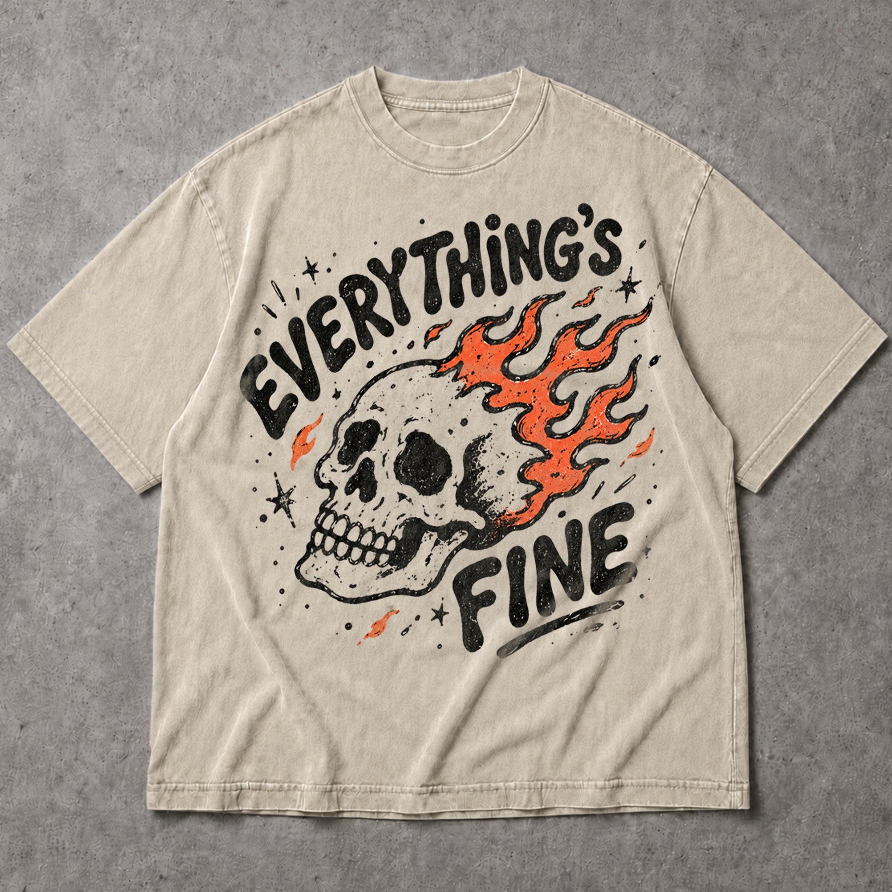 SF_COLOR=sand; SF_ITEM=adult-t-shirt; SF_ROLE=main; Everythings Fine Burning Skull T-Shirt Funny Sarcastic Goth Dark Humor Tee - Sand Adult T-Shirt product image